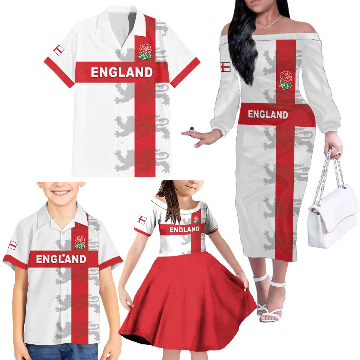 Custom England Rugby Family Matching Off The Shoulder Long Sleeve Dress and Hawaiian Shirt Vintage Style