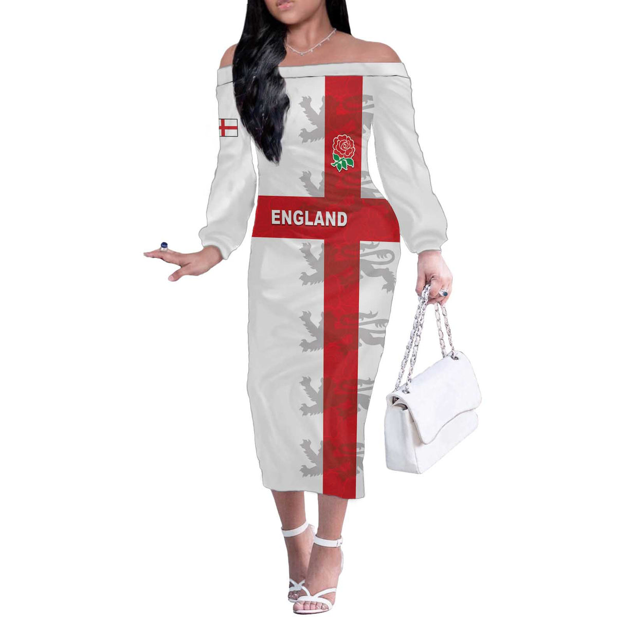 Custom England Rugby Off The Shoulder Long Sleeve Dress Vintage Style