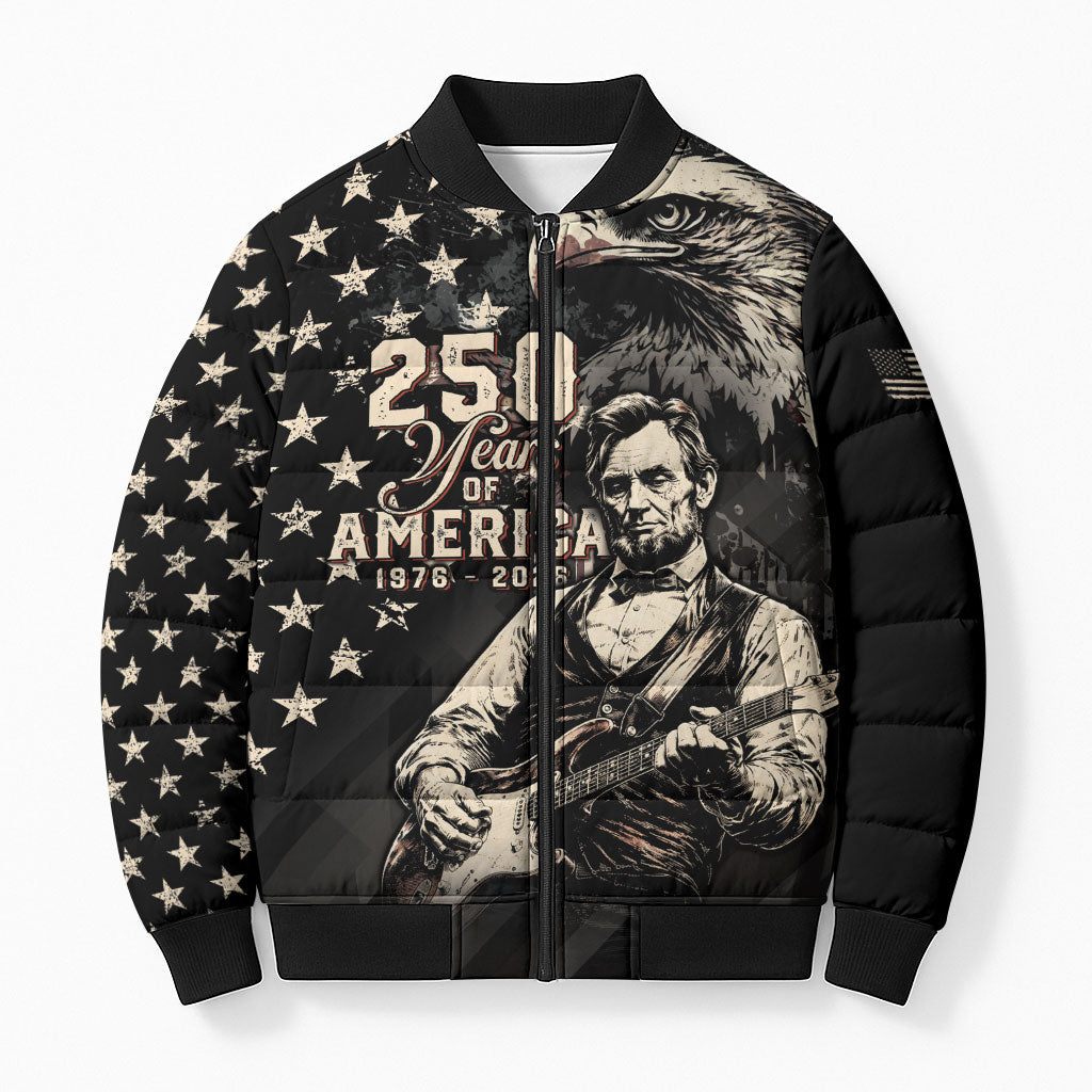 Personalized America 250th Anniversary Bomber Puffer Jacket Abraham Lincoln Playing Guitar 4th July