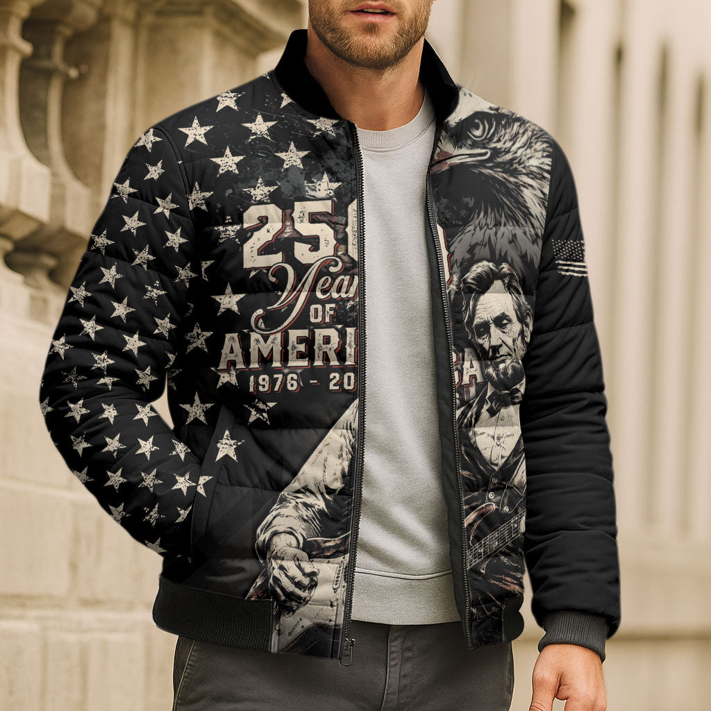 Personalized America 250th Anniversary Bomber Puffer Jacket Abraham Lincoln Playing Guitar 4th July