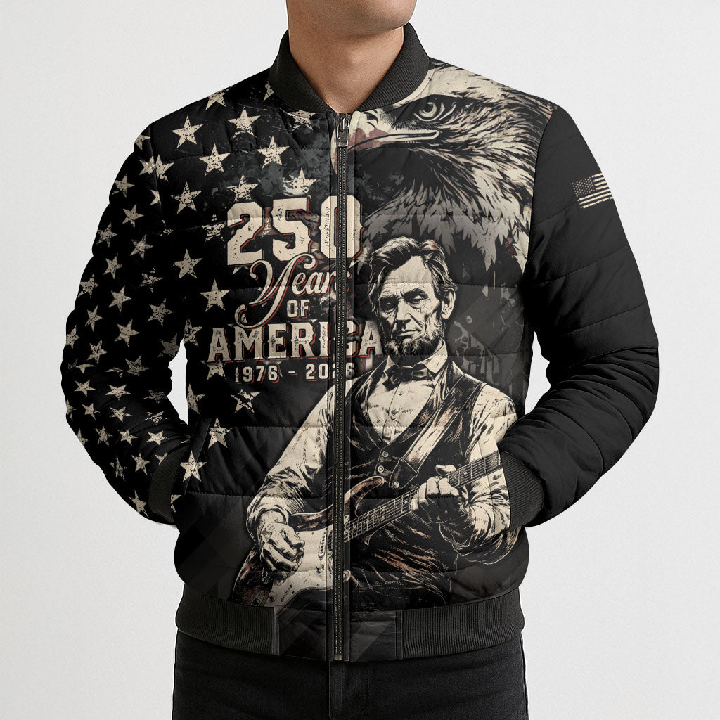 Personalized America 250th Anniversary Bomber Puffer Jacket Abraham Lincoln Playing Guitar 4th July