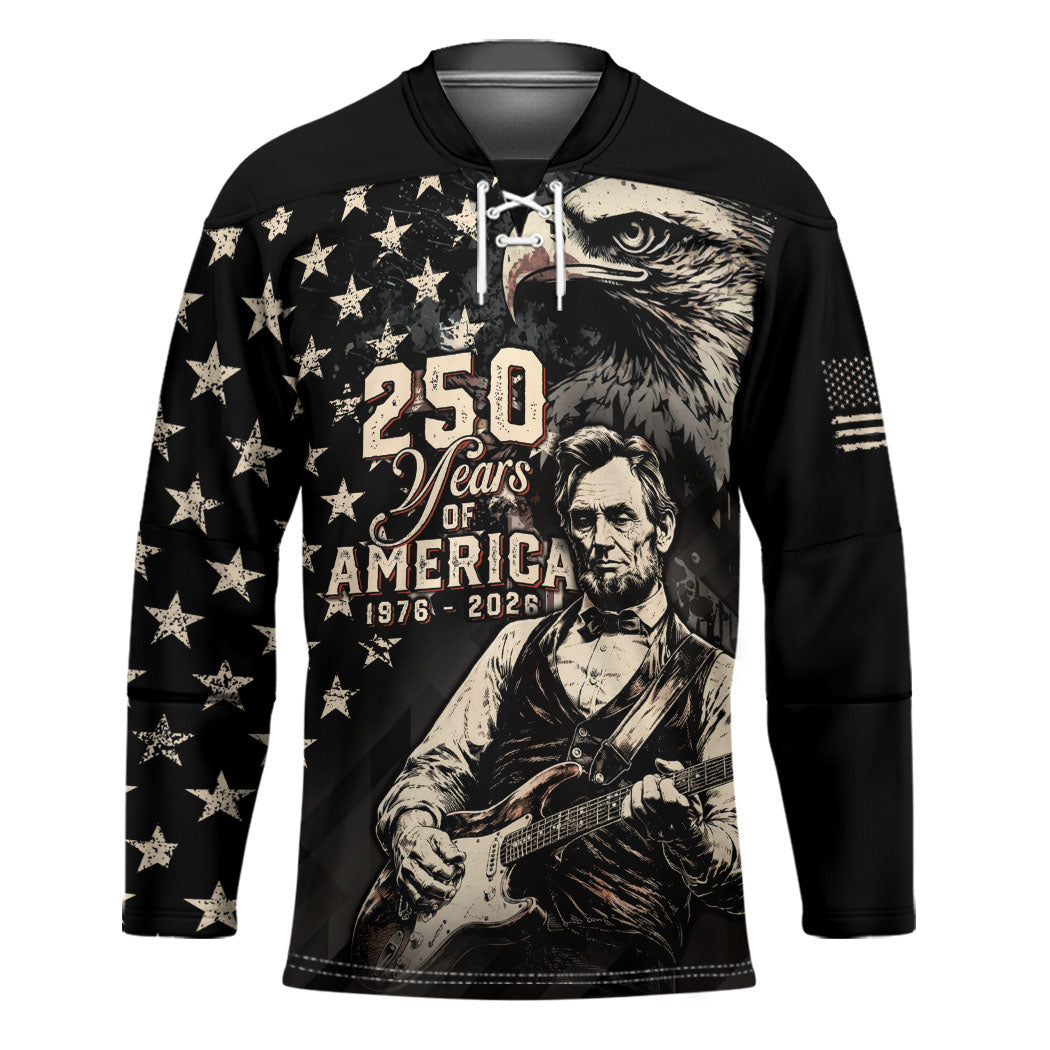 Personalized America 250th Anniversary Hockey Jersey Abraham Lincoln Playing Guitar 4th July