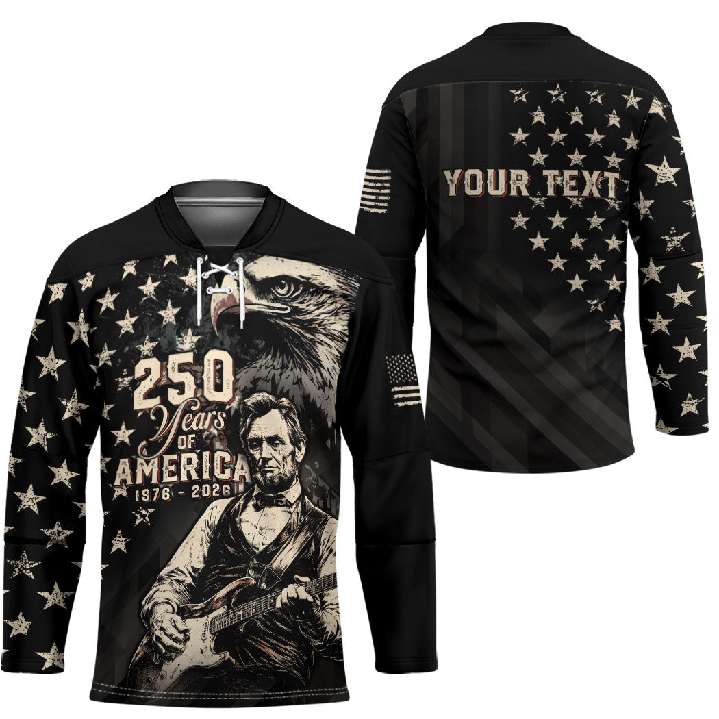 Personalized America 250th Anniversary Hockey Jersey Abraham Lincoln Playing Guitar 4th July