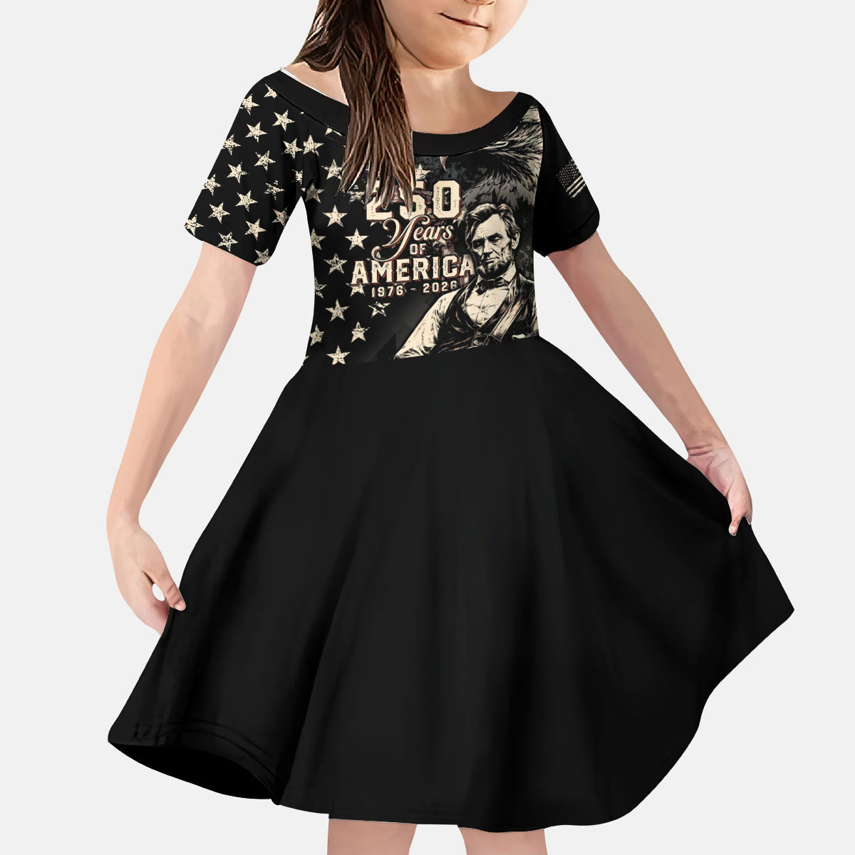 Personalized America 250th Anniversary Kid Short Sleeve Dress Abraham Lincoln Playing Guitar 4th July