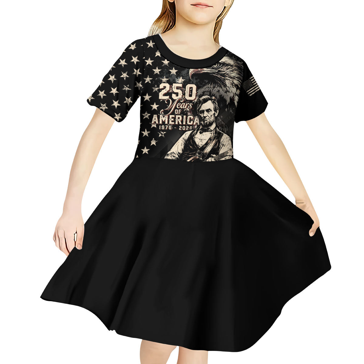 Personalized America 250th Anniversary Kid Short Sleeve Dress Abraham Lincoln Playing Guitar 4th July