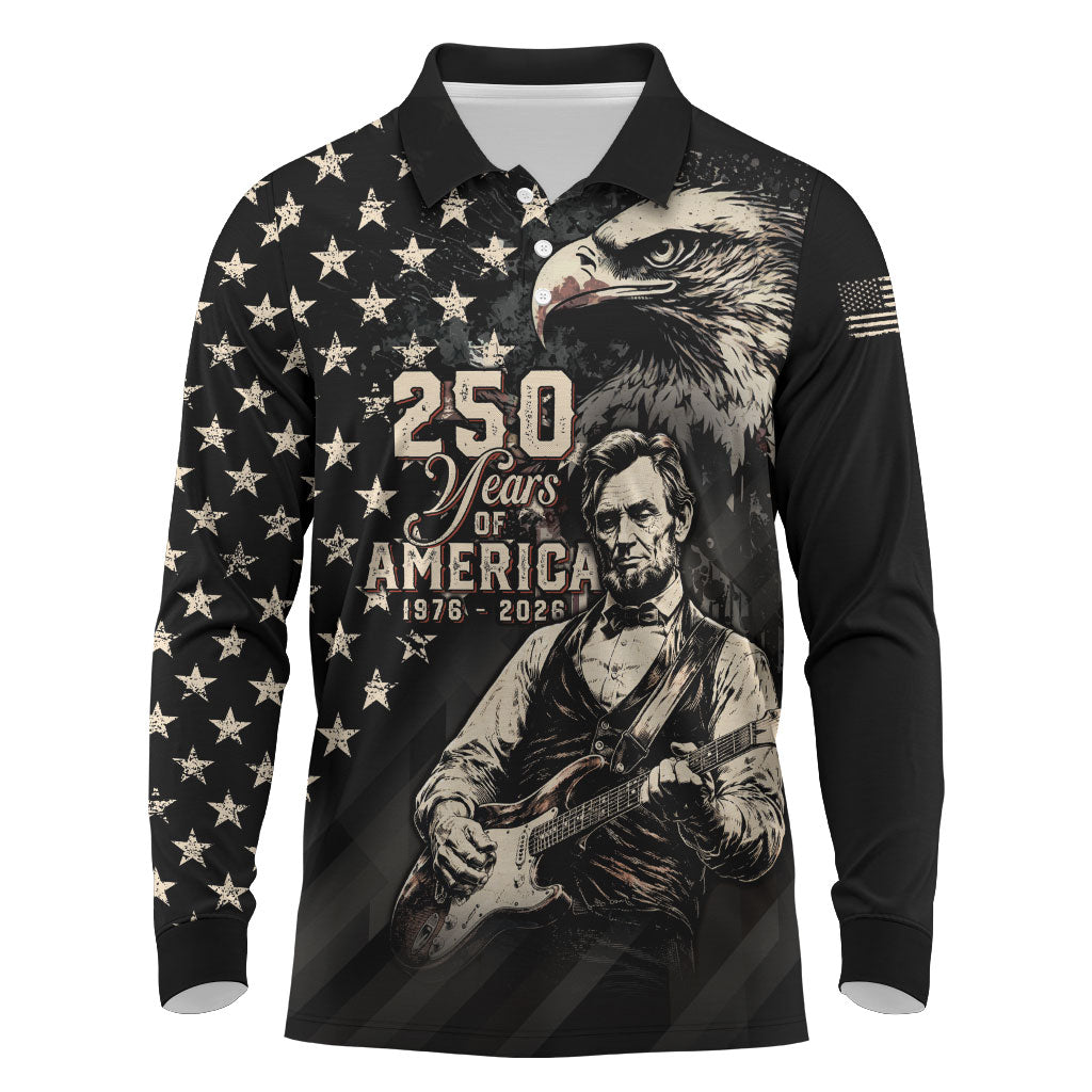Personalized America 250th Anniversary Long Sleeve Polo Shirt Abraham Lincoln Playing Guitar 4th July