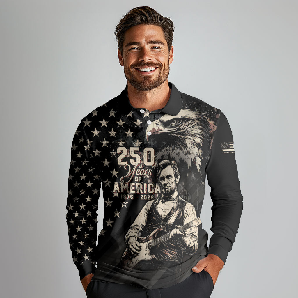 Personalized America 250th Anniversary Long Sleeve Polo Shirt Abraham Lincoln Playing Guitar 4th July