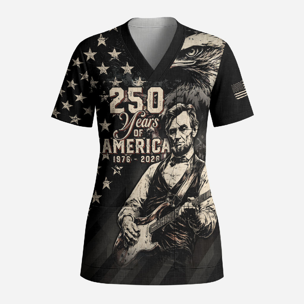 Personalized America 250th Anniversary Scrub Top Abraham Lincoln Playing Guitar 4th July