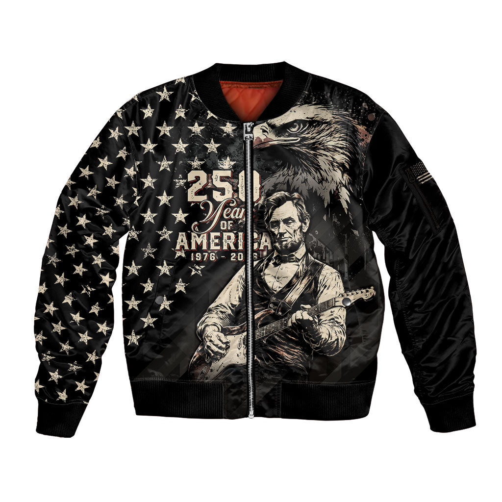 Personalized America 250th Anniversary Sleeve Zip Bomber Jacket Abraham Lincoln Playing Guitar 4th July