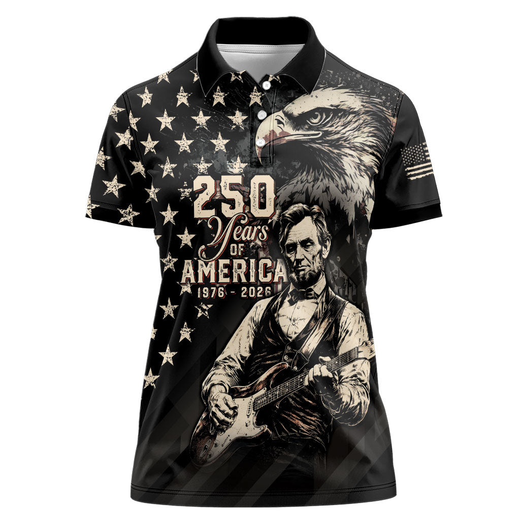 Personalized America 250th Anniversary Women Polo Shirt Abraham Lincoln Playing Guitar 4th July