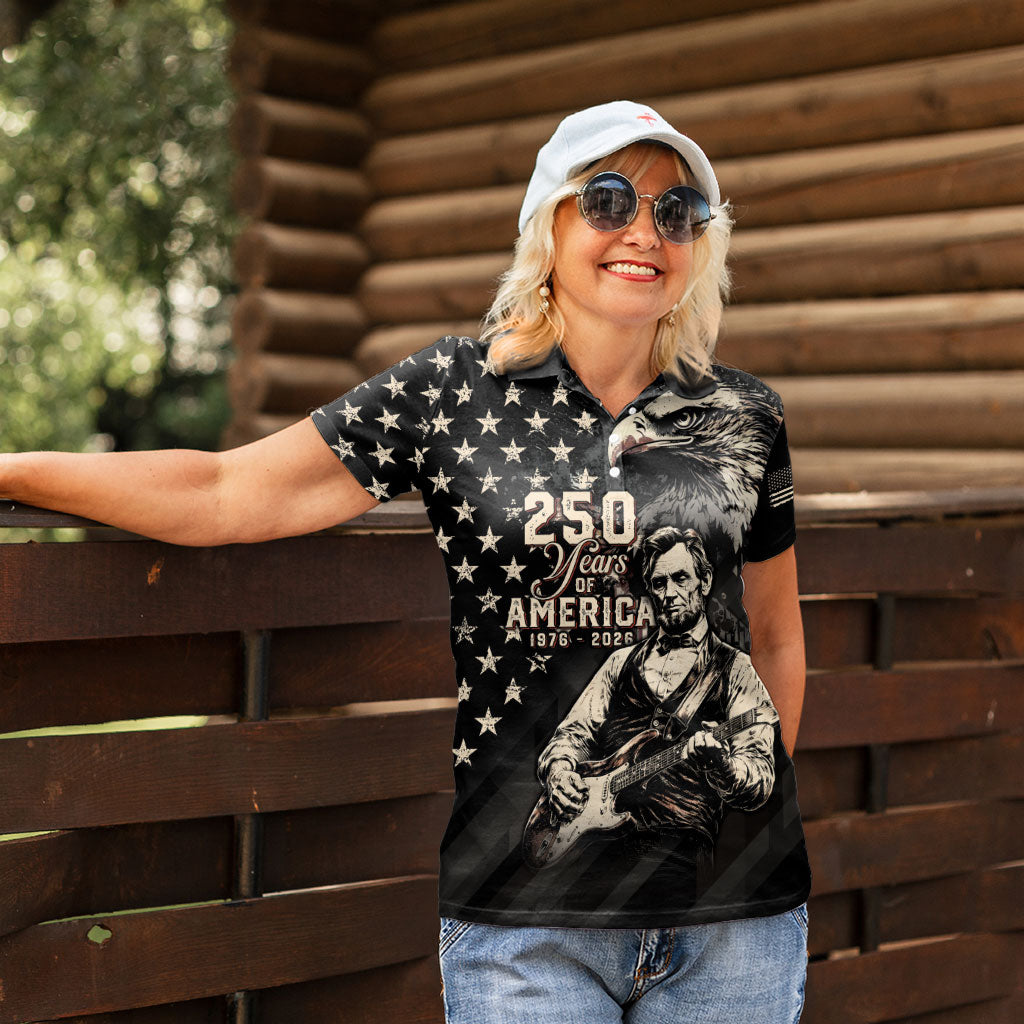 Personalized America 250th Anniversary Women Polo Shirt Abraham Lincoln Playing Guitar 4th July