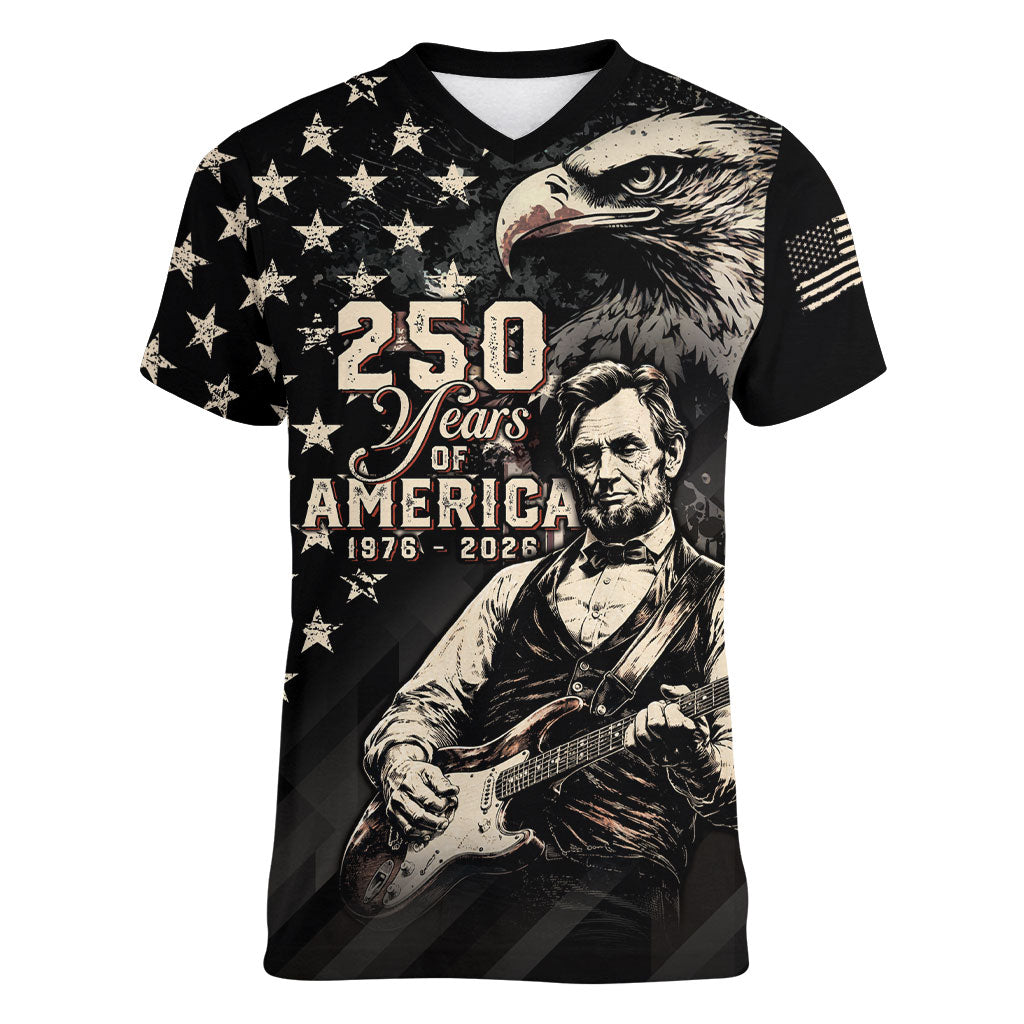 Personalized America 250th Anniversary Women V-Neck T-Shirt Abraham Lincoln Playing Guitar 4th July