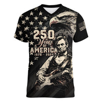 Personalized America 250th Anniversary Women V-Neck T-Shirt Abraham Lincoln Playing Guitar 4th July