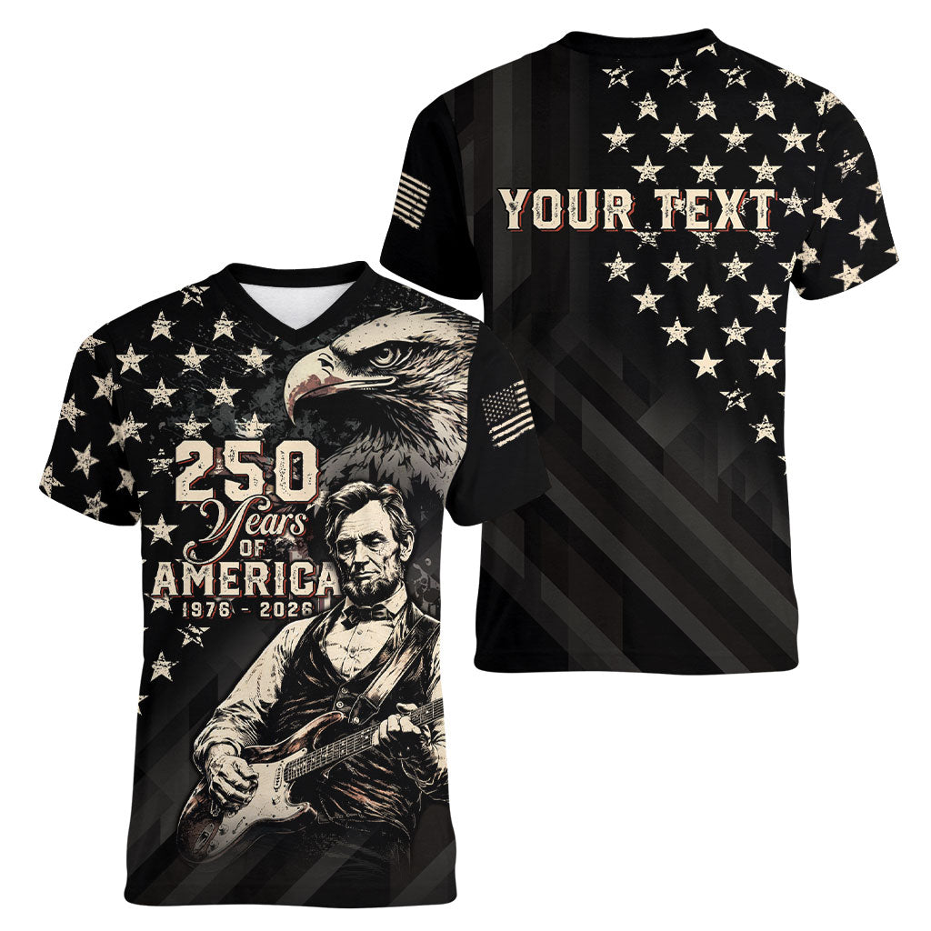 Personalized America 250th Anniversary Women V-Neck T-Shirt Abraham Lincoln Playing Guitar 4th July