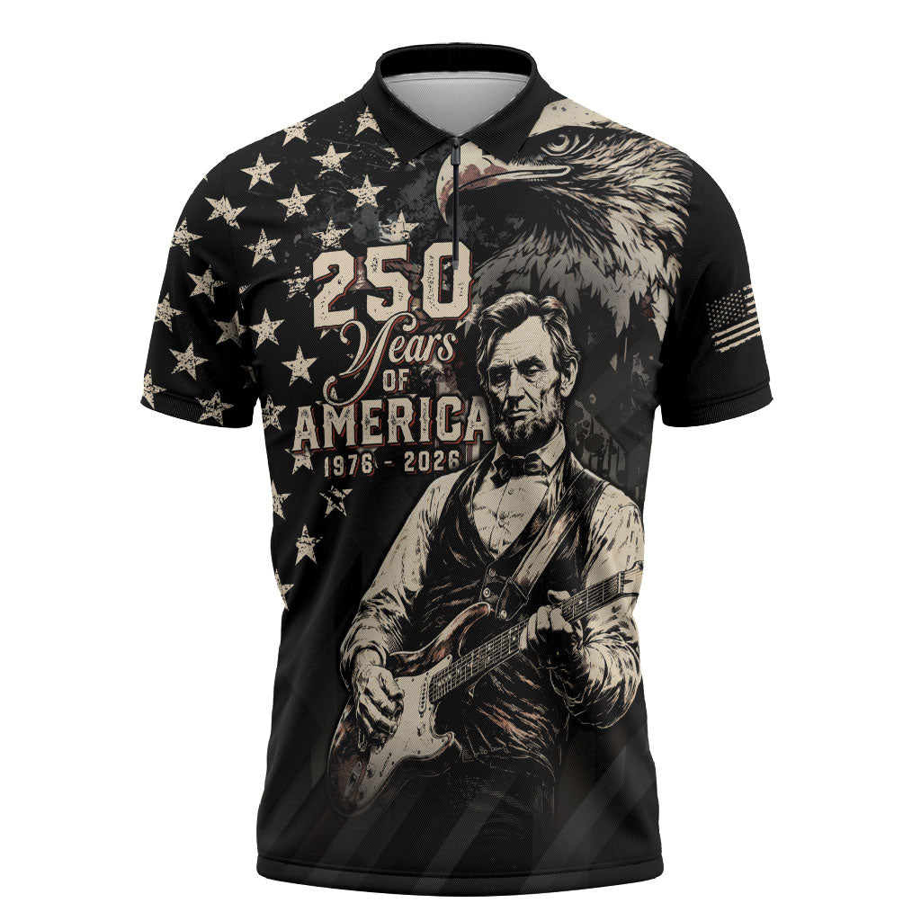 Personalized America 250th Anniversary Zipper Polo Shirt Abraham Lincoln Playing Guitar 4th July