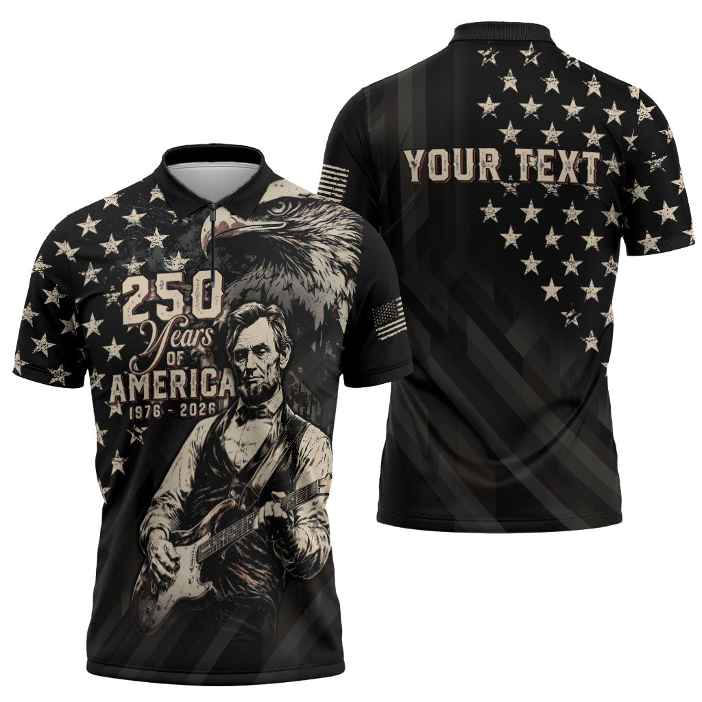 Personalized America 250th Anniversary Zipper Polo Shirt Abraham Lincoln Playing Guitar 4th July