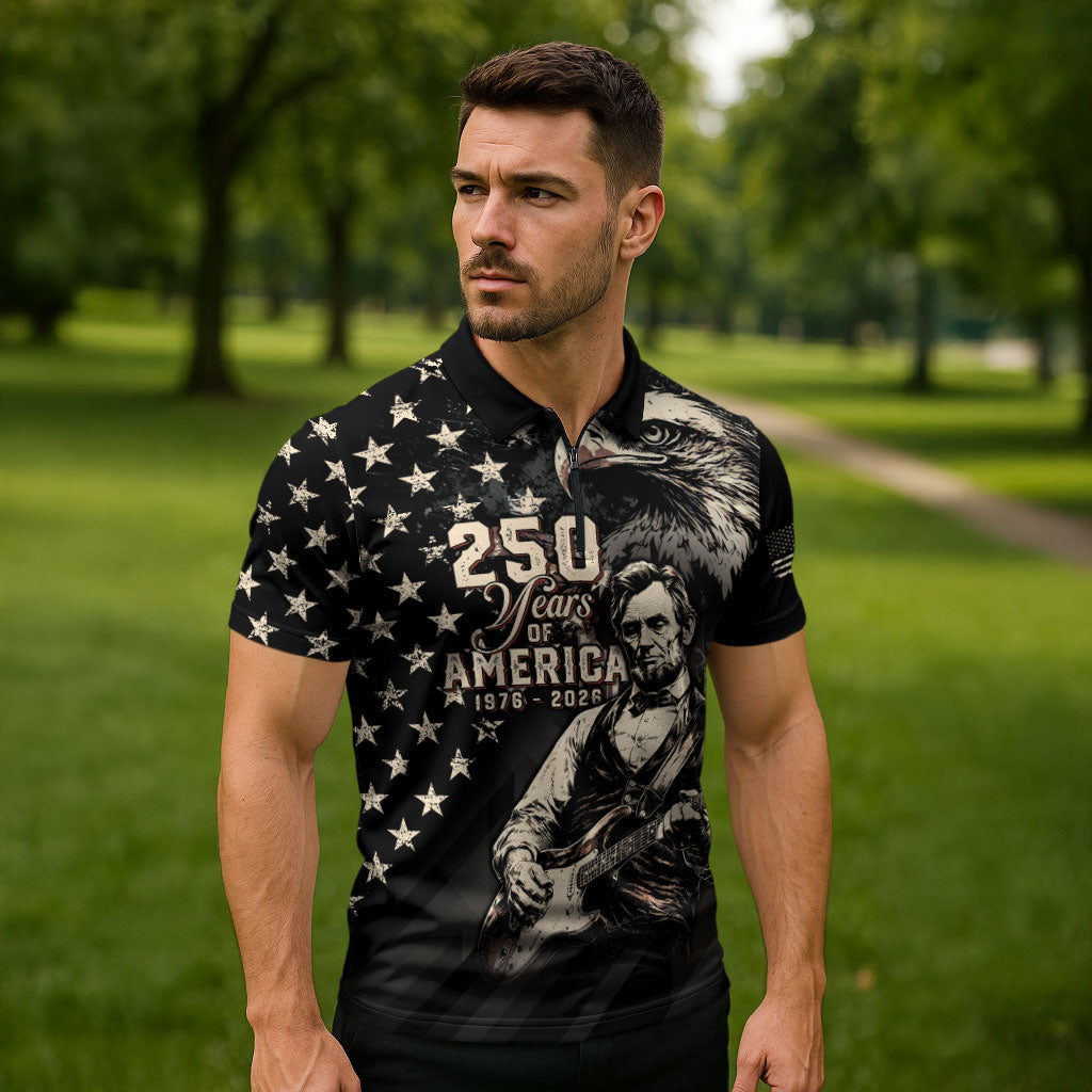 Personalized America 250th Anniversary Zipper Polo Shirt Abraham Lincoln Playing Guitar 4th July