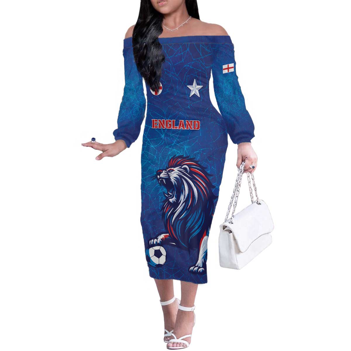 Custom England 2024 Football Family Matching Off The Shoulder Long Sleeve Dress and Hawaiian Shirt Go Champions Lionesses LT05 - Wonder Print Shop