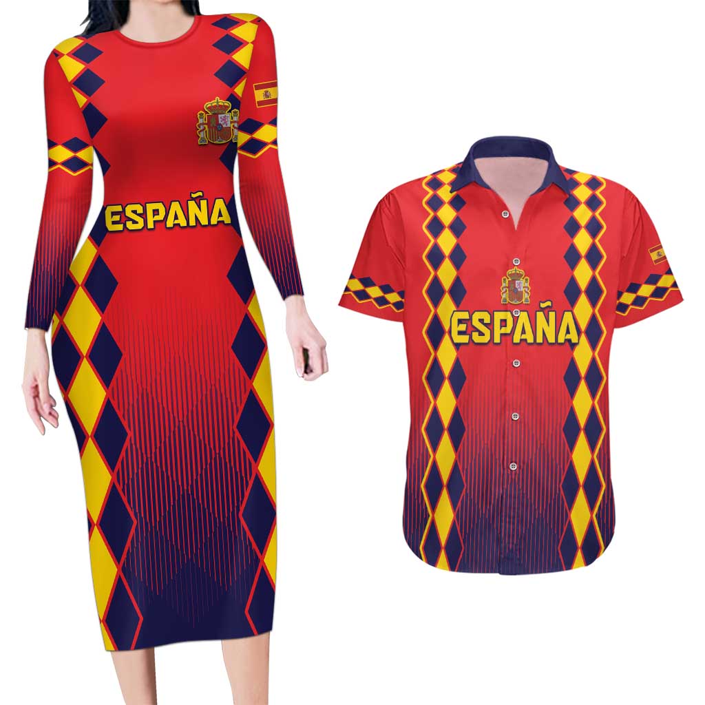 Custom Spain 2024 Football Couples Matching Long Sleeve Bodycon Dress and Hawaiian Shirt Go Champions La Roja Simple Style LT05 - Wonder Print Shop