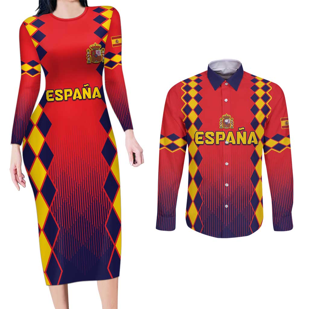Custom Spain 2024 Football Couples Matching Long Sleeve Bodycon Dress and Long Sleeve Button Shirt Go Champions La Roja Simple Style LT05 - Wonder Print Shop