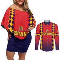Custom Spain 2024 Football Couples Matching Off Shoulder Short Dress and Long Sleeve Button Shirt Go Champions La Roja Simple Style LT05 - Wonder Print Shop
