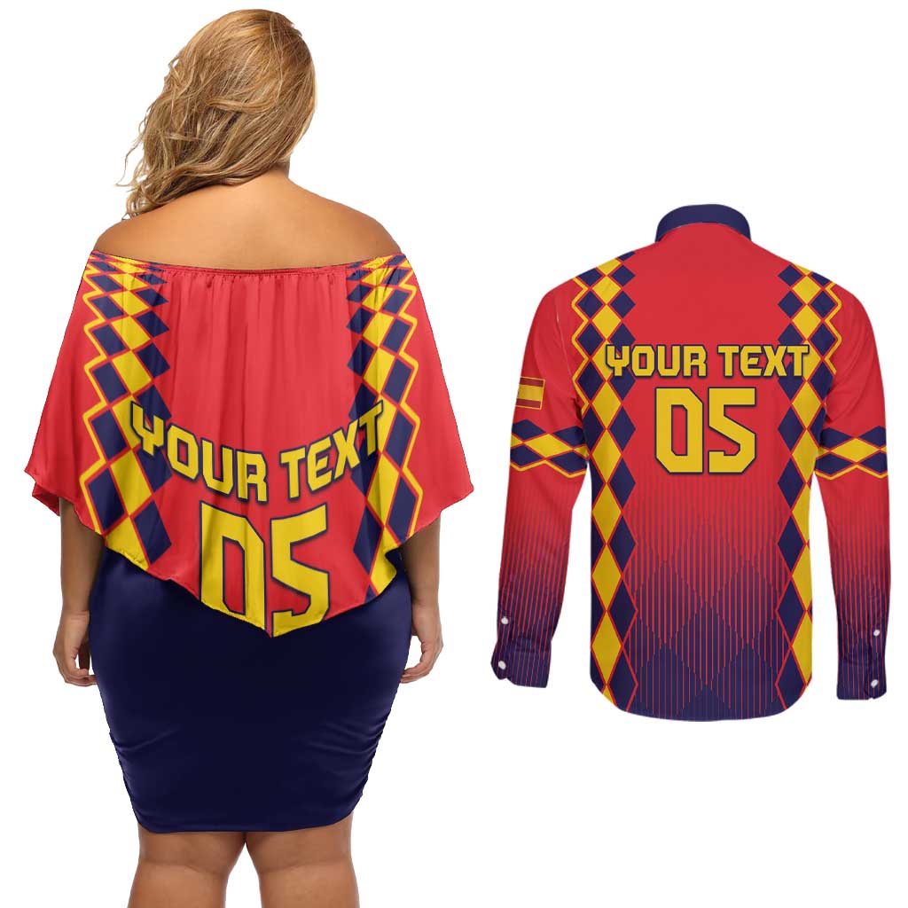 Custom Spain 2024 Football Couples Matching Off Shoulder Short Dress and Long Sleeve Button Shirt Go Champions La Roja Simple Style LT05 - Wonder Print Shop