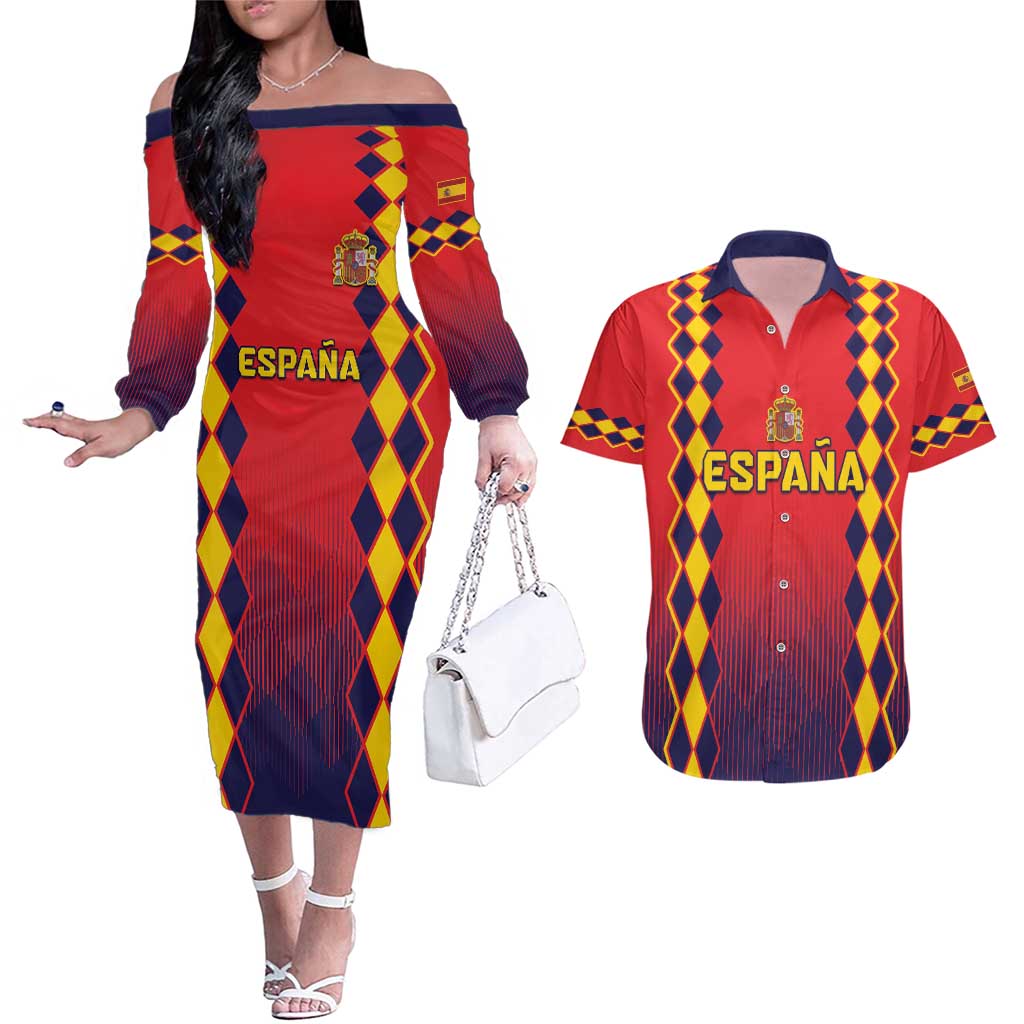Custom Spain 2024 Football Couples Matching Off The Shoulder Long Sleeve Dress and Hawaiian Shirt Go Champions La Roja Simple Style LT05 - Wonder Print Shop