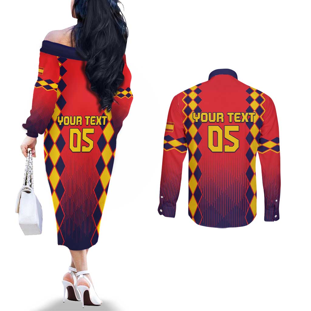 Custom Spain 2024 Football Couples Matching Off The Shoulder Long Sleeve Dress and Long Sleeve Button Shirt Go Champions La Roja Simple Style