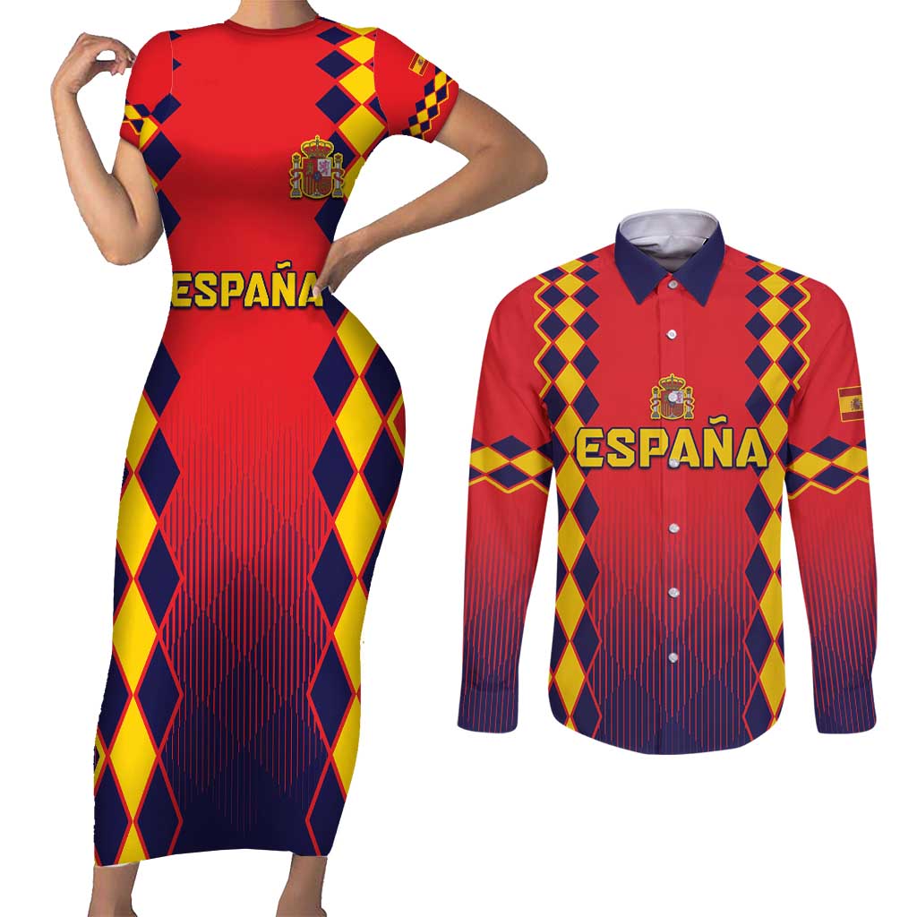 Custom Spain 2024 Football Couples Matching Short Sleeve Bodycon Dress and Long Sleeve Button Shirt Go Champions La Roja Simple Style LT05 - Wonder Print Shop
