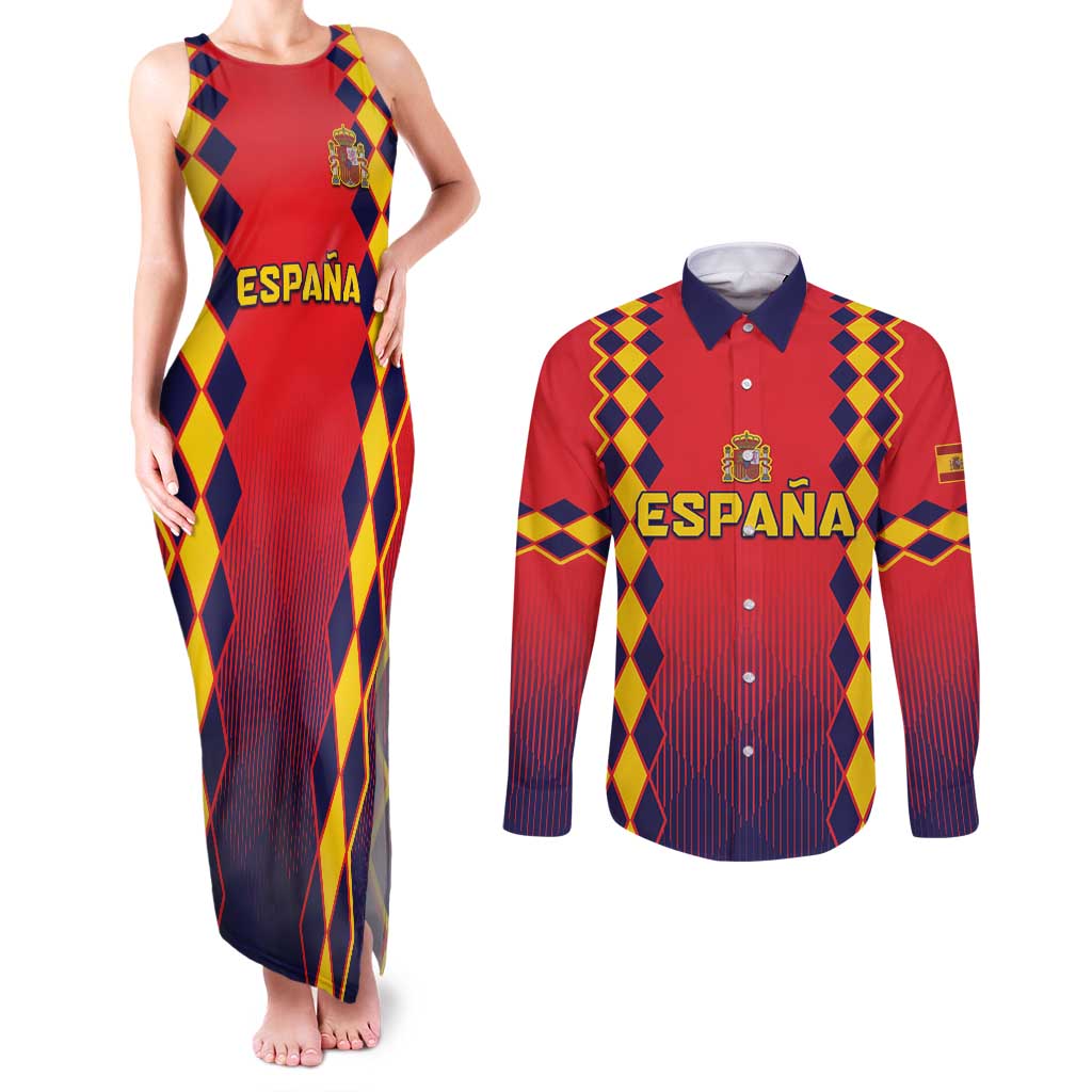 Custom Spain 2024 Football Couples Matching Tank Maxi Dress and Long Sleeve Button Shirt Go Champions La Roja Simple Style LT05 - Wonder Print Shop