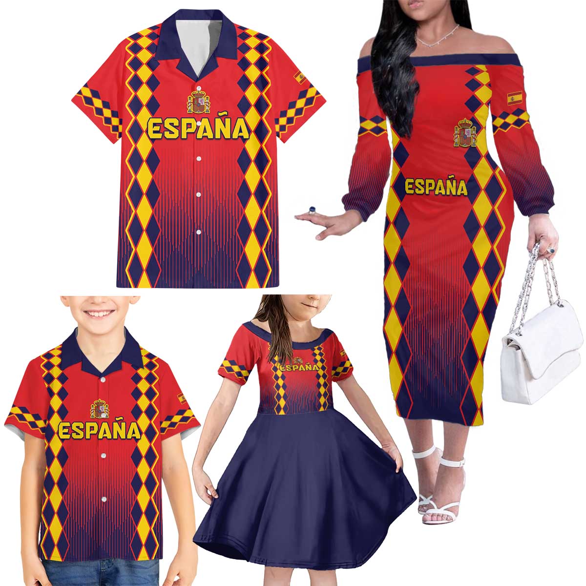 Custom Spain 2024 Football Family Matching Off The Shoulder Long Sleeve Dress and Hawaiian Shirt Go Champions La Roja Simple Style LT05 - Wonder Print Shop