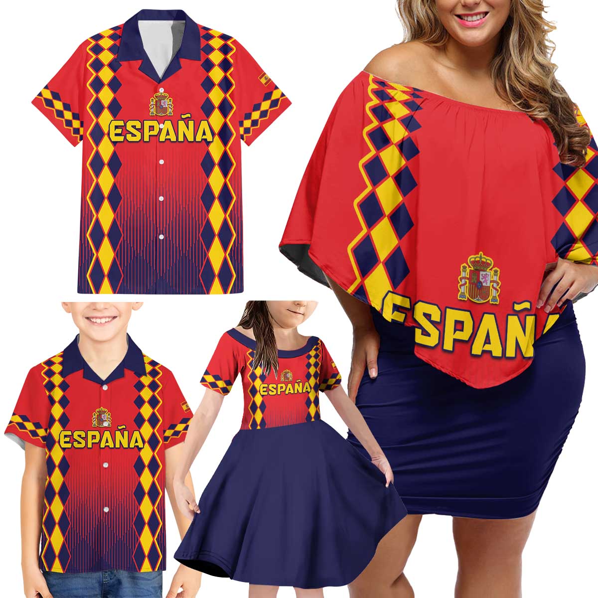 Custom Spain 2024 Football Family Matching Off Shoulder Short Dress and Hawaiian Shirt Go Champions La Roja Simple Style LT05 - Wonder Print Shop