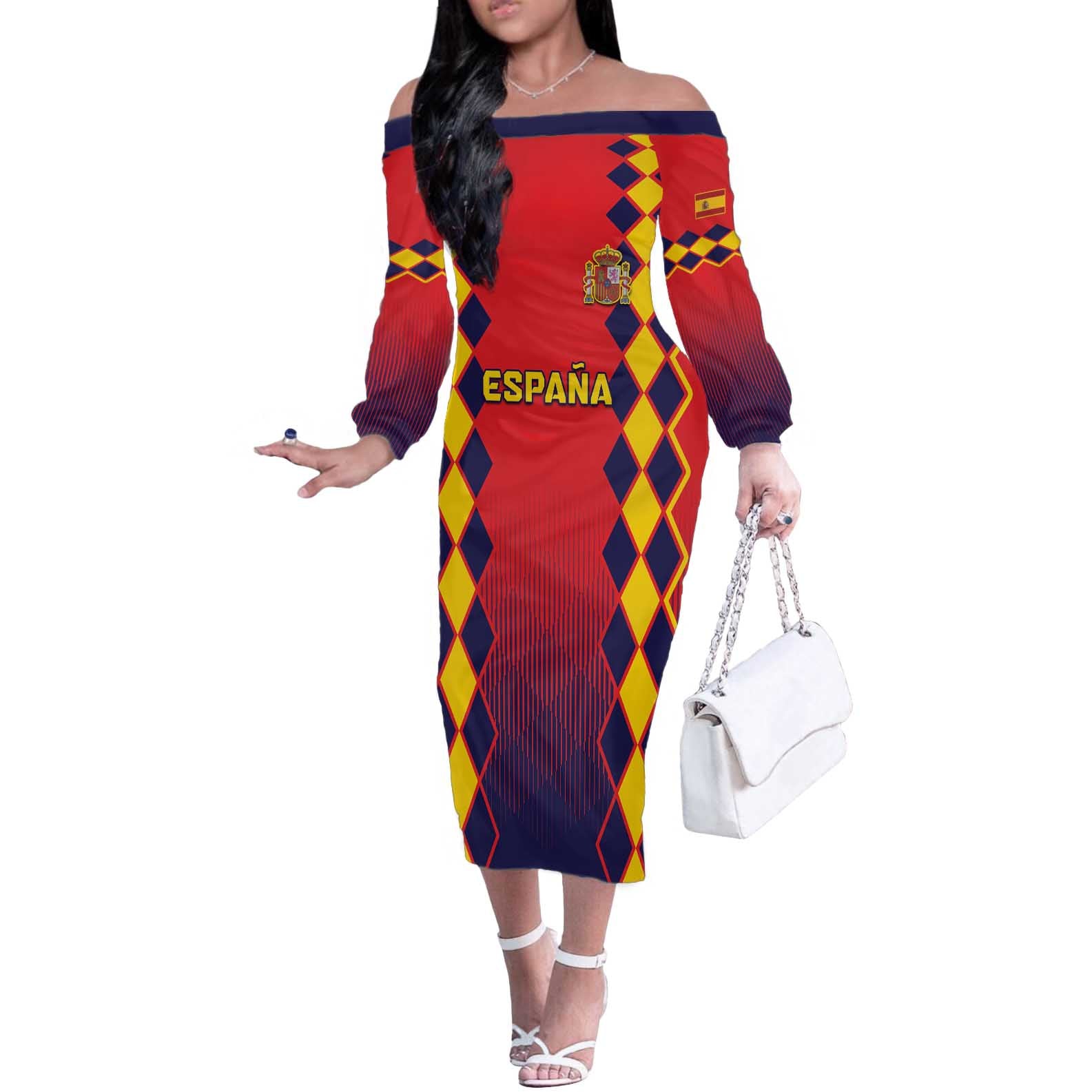 Custom Spain 2024 Football Off The Shoulder Long Sleeve Dress Go Champions La Roja Simple Style LT05 - Wonder Print Shop