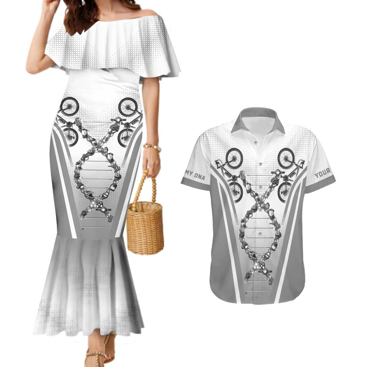 Personalized Cycling Couples Matching Mermaid Dress and Hawaiian Shirt Its In My DNA - Wonder Print Shop