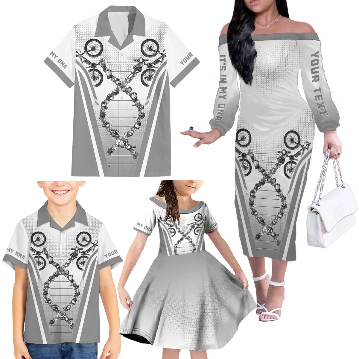 Personalized Cycling Family Matching Off The Shoulder Long Sleeve Dress and Hawaiian Shirt Its In My DNA - Wonder Print Shop