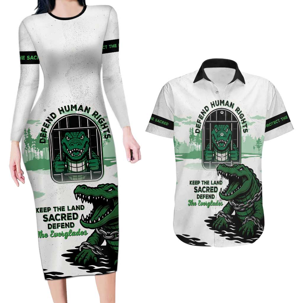 Alligator Alcatraz Defend Human Rights Couples Matching Long Sleeve Bodycon Dress and Hawaiian Shirt Defend The Everglades - Wonder Print Shop