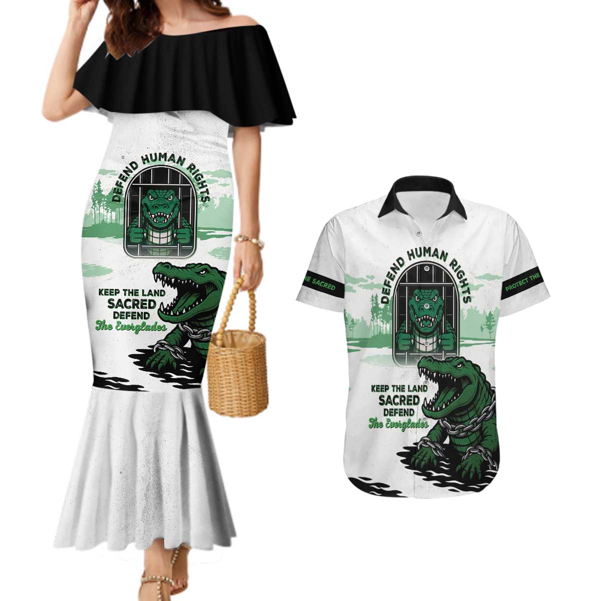 Alligator Alcatraz Defend Human Rights Couples Matching Mermaid Dress and Hawaiian Shirt Defend The Everglades - Wonder Print Shop