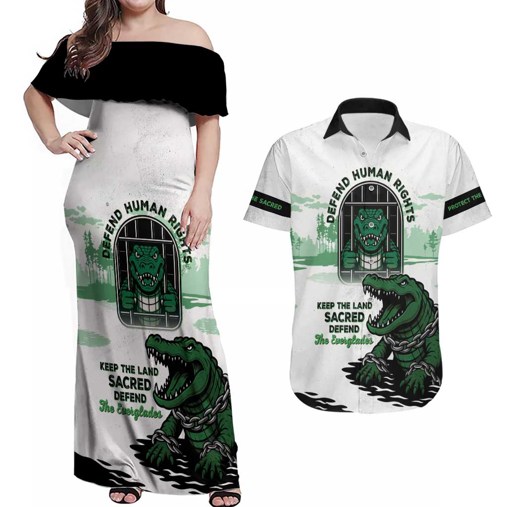 Alligator Alcatraz Defend Human Rights Couples Matching Off Shoulder Maxi Dress and Hawaiian Shirt Defend The Everglades - Wonder Print Shop