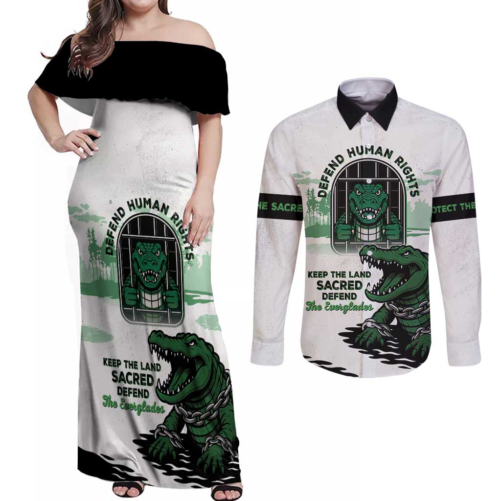Alligator Alcatraz Defend Human Rights Couples Matching Off Shoulder Maxi Dress and Long Sleeve Button Shirt Defend The Everglades - Wonder Print Shop