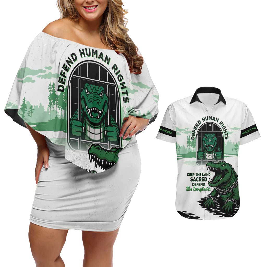 Alligator Alcatraz Defend Human Rights Couples Matching Off Shoulder Short Dress and Hawaiian Shirt Defend The Everglades - Wonder Print Shop