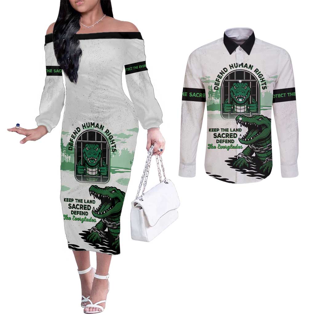 Alligator Alcatraz Defend Human Rights Couples Matching Off The Shoulder Long Sleeve Dress and Long Sleeve Button Shirt Defend The Everglades - Wonder Print Shop