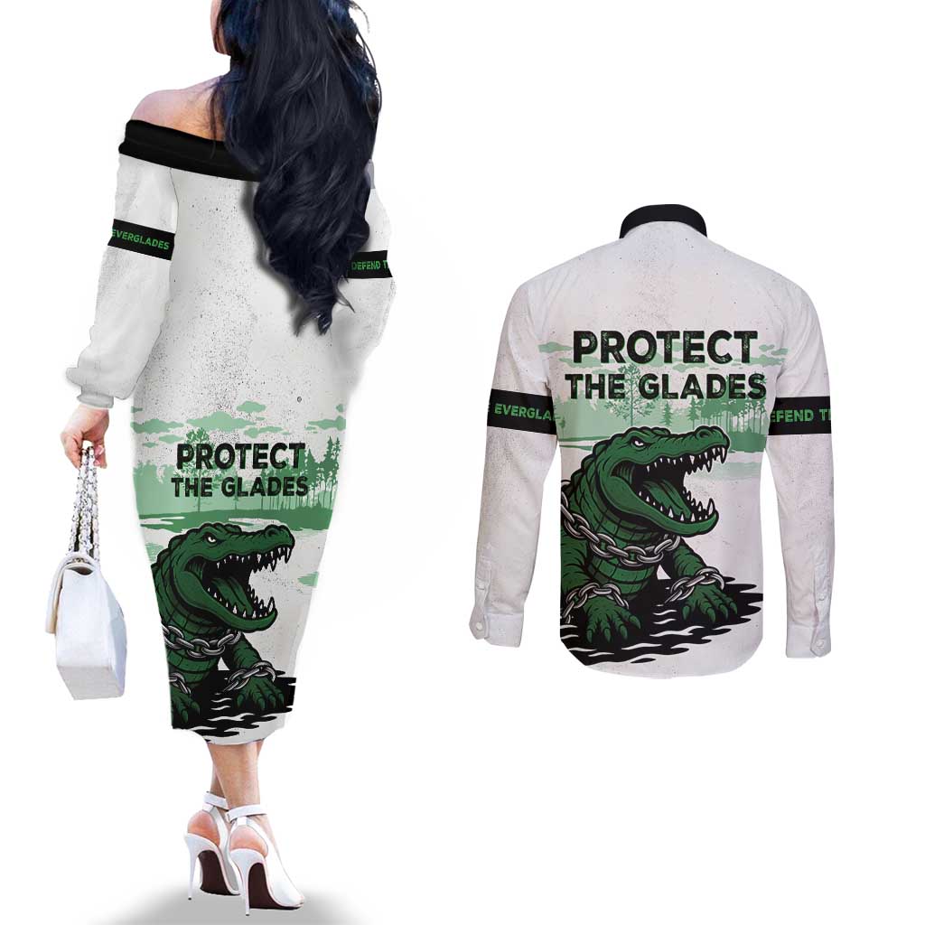 Alligator Alcatraz Defend Human Rights Couples Matching Off The Shoulder Long Sleeve Dress and Long Sleeve Button Shirt Defend The Everglades - Wonder Print Shop