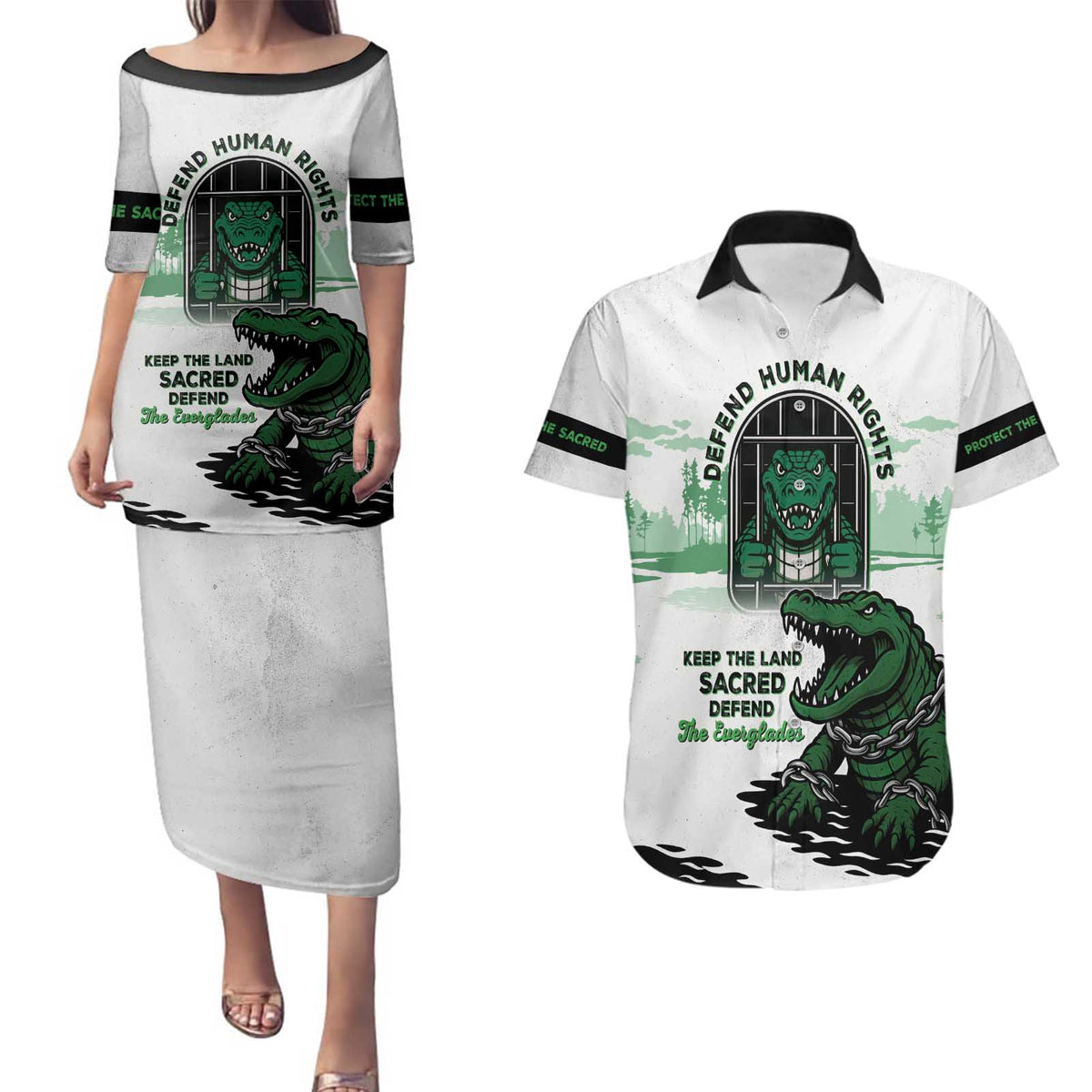 Alligator Alcatraz Defend Human Rights Couples Matching Puletasi and Hawaiian Shirt Defend The Everglades - Wonder Print Shop