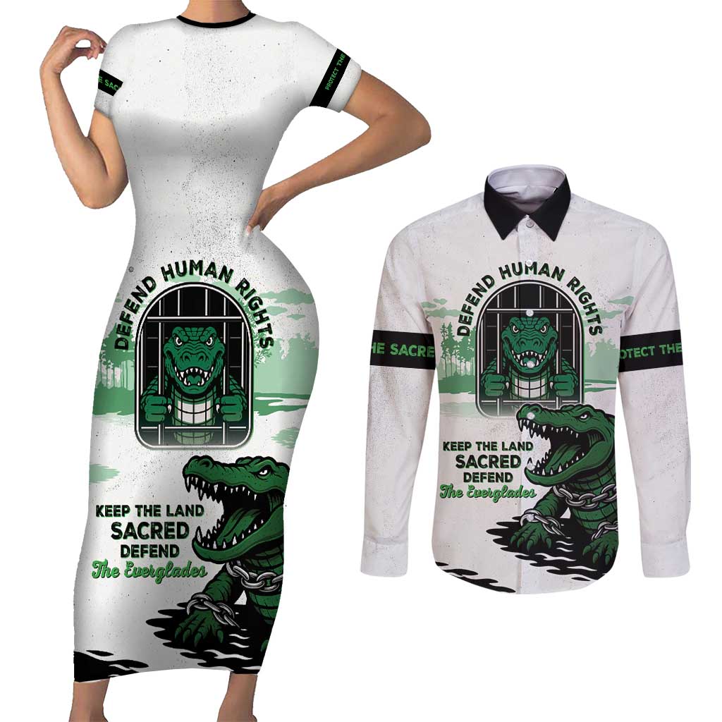 Alligator Alcatraz Defend Human Rights Couples Matching Short Sleeve Bodycon Dress and Long Sleeve Button Shirt Defend The Everglades - Wonder Print Shop