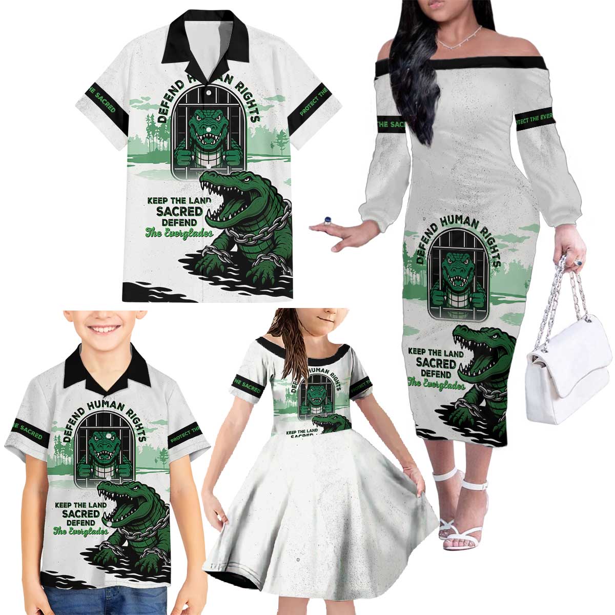 Alligator Alcatraz Defend Human Rights Family Matching Off The Shoulder Long Sleeve Dress and Hawaiian Shirt Defend The Everglades - Wonder Print Shop