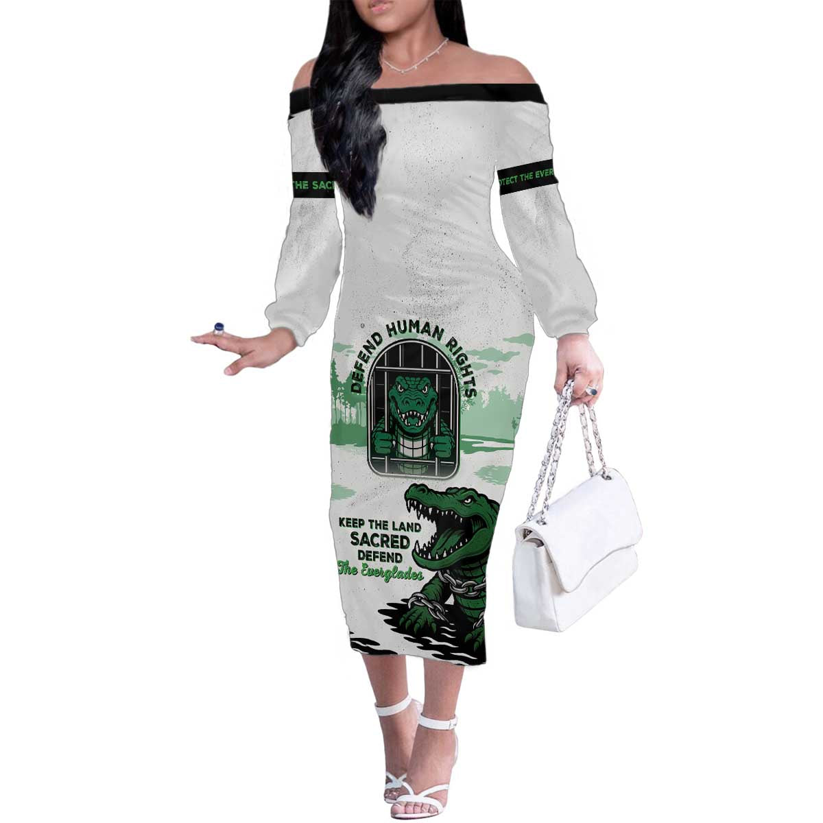 Alligator Alcatraz Defend Human Rights Family Matching Off The Shoulder Long Sleeve Dress and Hawaiian Shirt Defend The Everglades - Wonder Print Shop