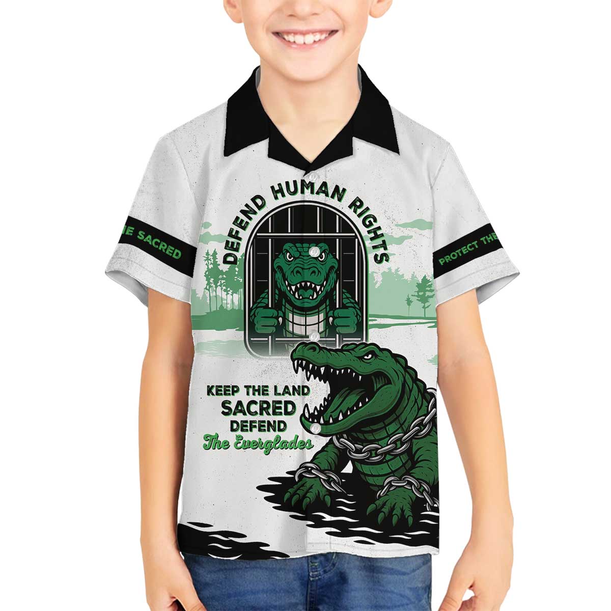Alligator Alcatraz Defend Human Rights Family Matching Off The Shoulder Long Sleeve Dress and Hawaiian Shirt Defend The Everglades - Wonder Print Shop