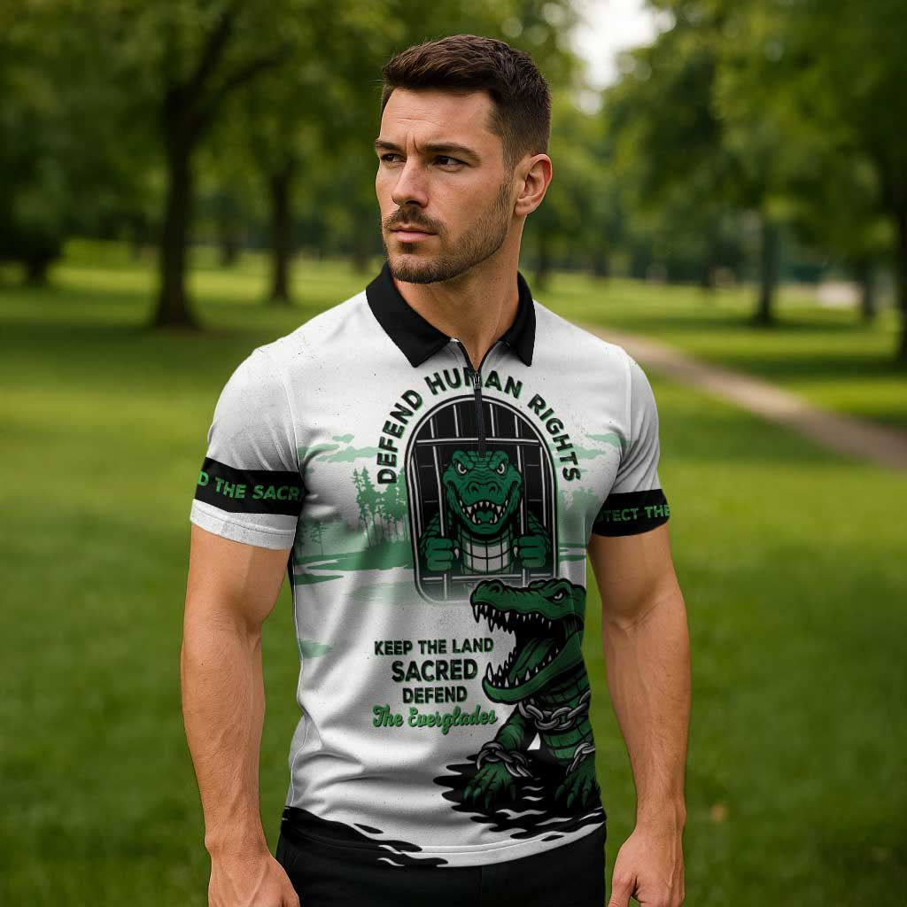 Alligator Alcatraz Defend Human Rights Zipper Polo Shirt Defend The Everglades - Wonder Print Shop