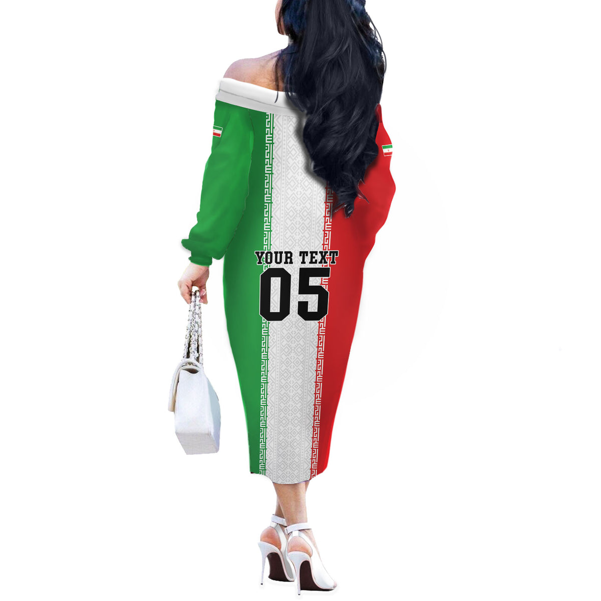 Custom Iran Football 2026 Off The Shoulder Long Sleeve Dress Go Team Melli Flag Style