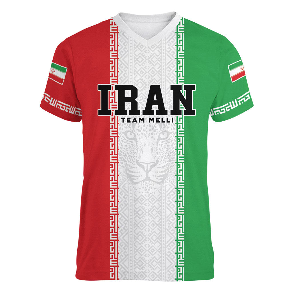 Custom Iran Football 2026 Women V-Neck T-Shirt Go Team Melli Flag Style